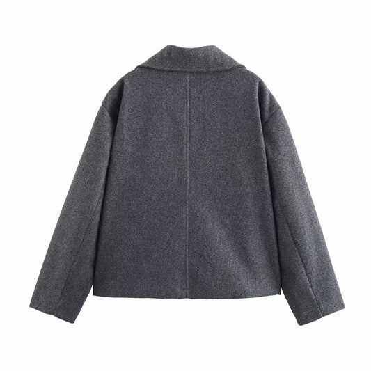 Women's Gray Woolen Suit Jacket - Loose & Short Double-breasted Gray Suit Woolen Jacket Women's Loose Do | Ectron Online