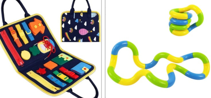Set of educational toys including a colorful tool belt and interlocking rings on a white background.