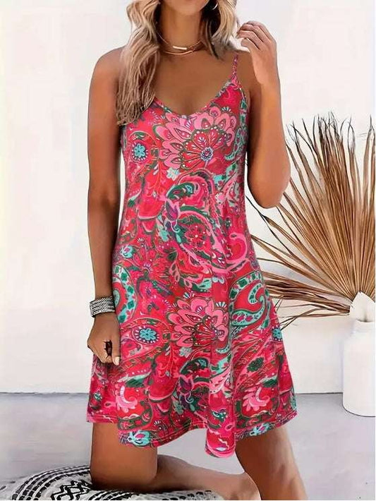 Paisley Print V Neck Cami Dress, Vacation Spaghetti Strap Mini Dress For Summer, Women's Clothing