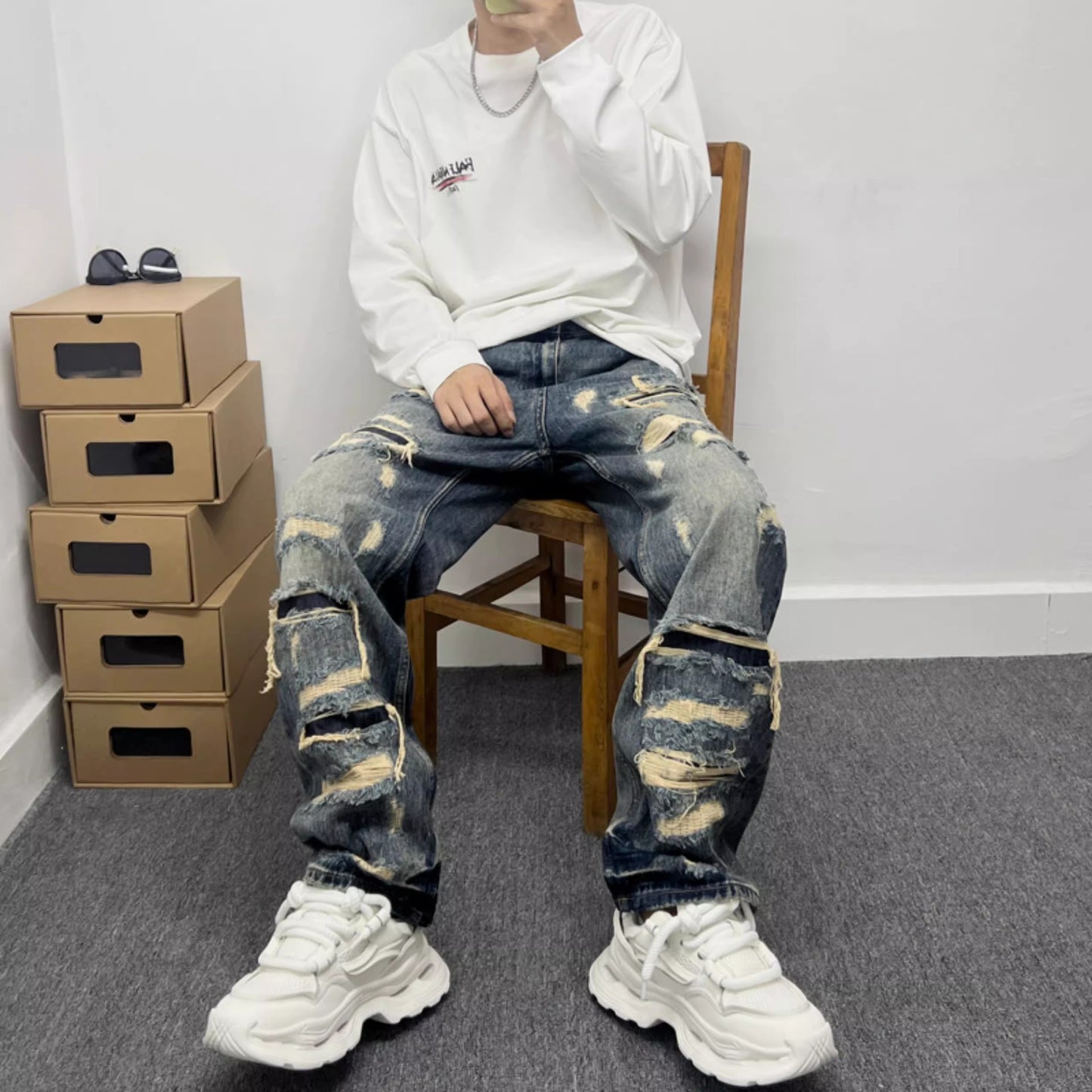 Men's American Casual Ripped Patch Jeans