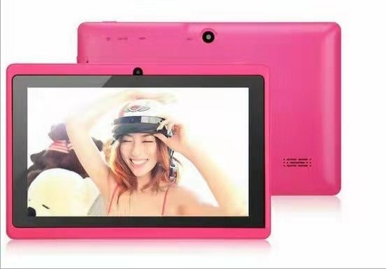 A 7-inch tablet with a silver back, displaying a red wallpaper and multiple application icons on the screen. The device appears to be薄 and has a front-facing camera and earpiece.