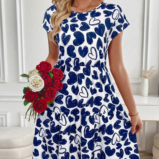 Women's Valentine's Day Heart Print Round Neck Short Sleeve Short Casual Dress
