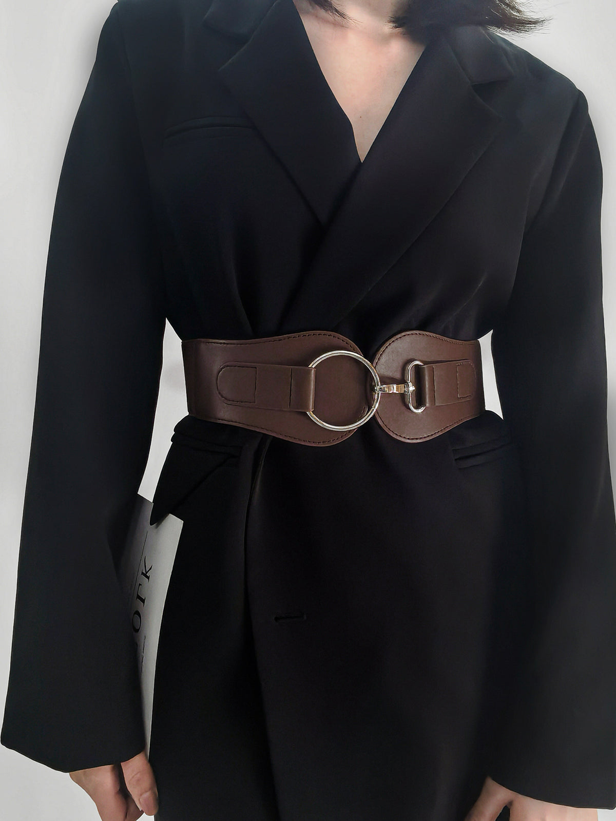 Wide PU elastic belt in dark brown, oval ring buckle with two adjustable strap ends
