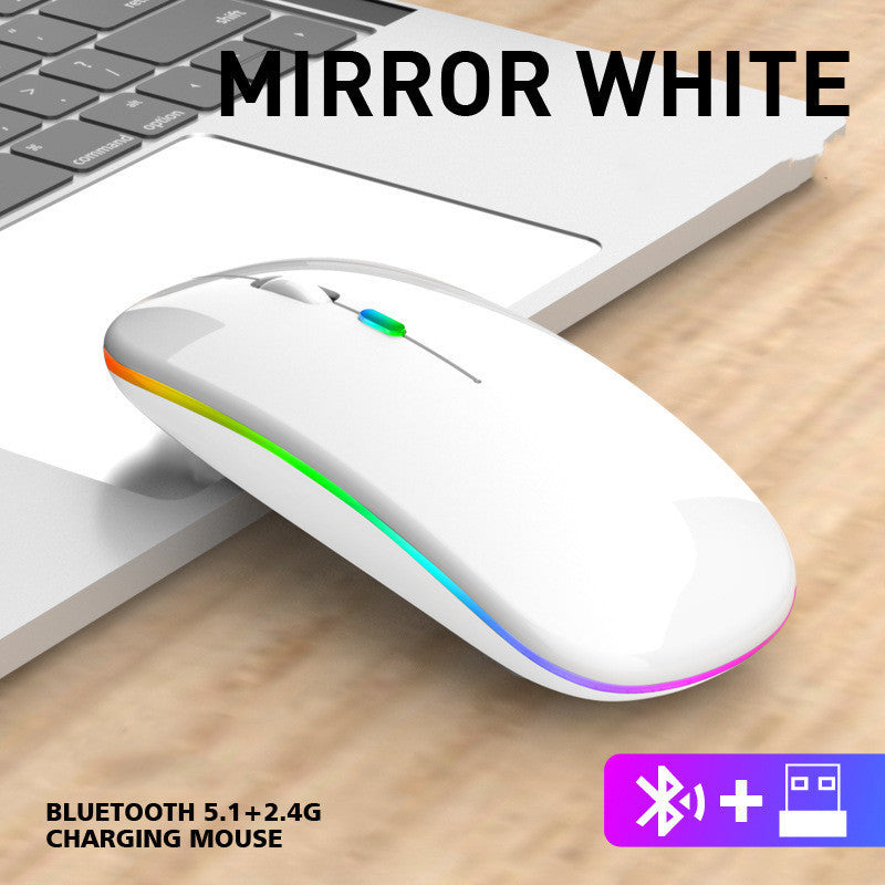 White computer mouse with colorful LED lights on a desk next to a keyboard, with 'Mirror White' text above.