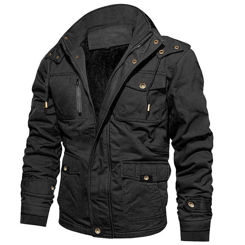 Black jacket with a hood on a white background