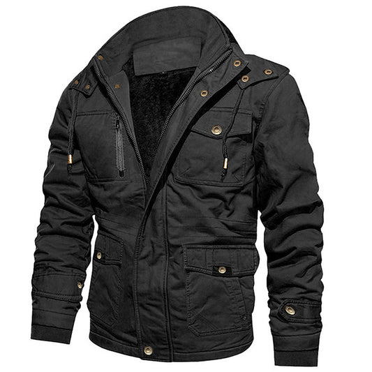 Black jacket with a hood on a white background