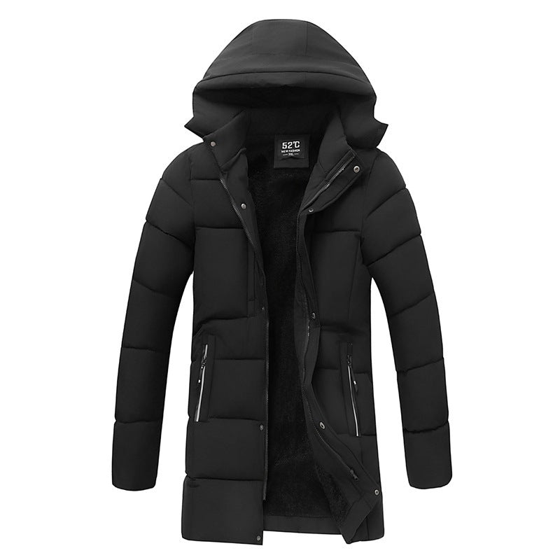 Black puffer jacket with a hood on a white background