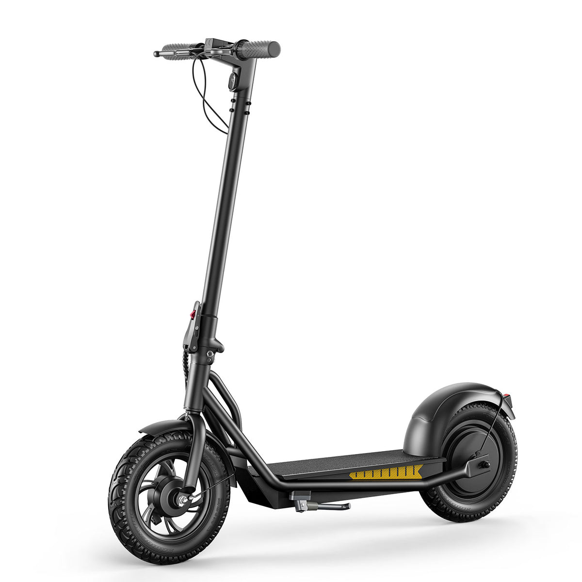 Electric scooter side view, black frame with front headlight and 12-inch tires