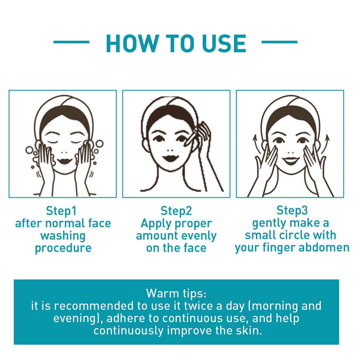Serum how-to-use guide with three facial application step illustrations