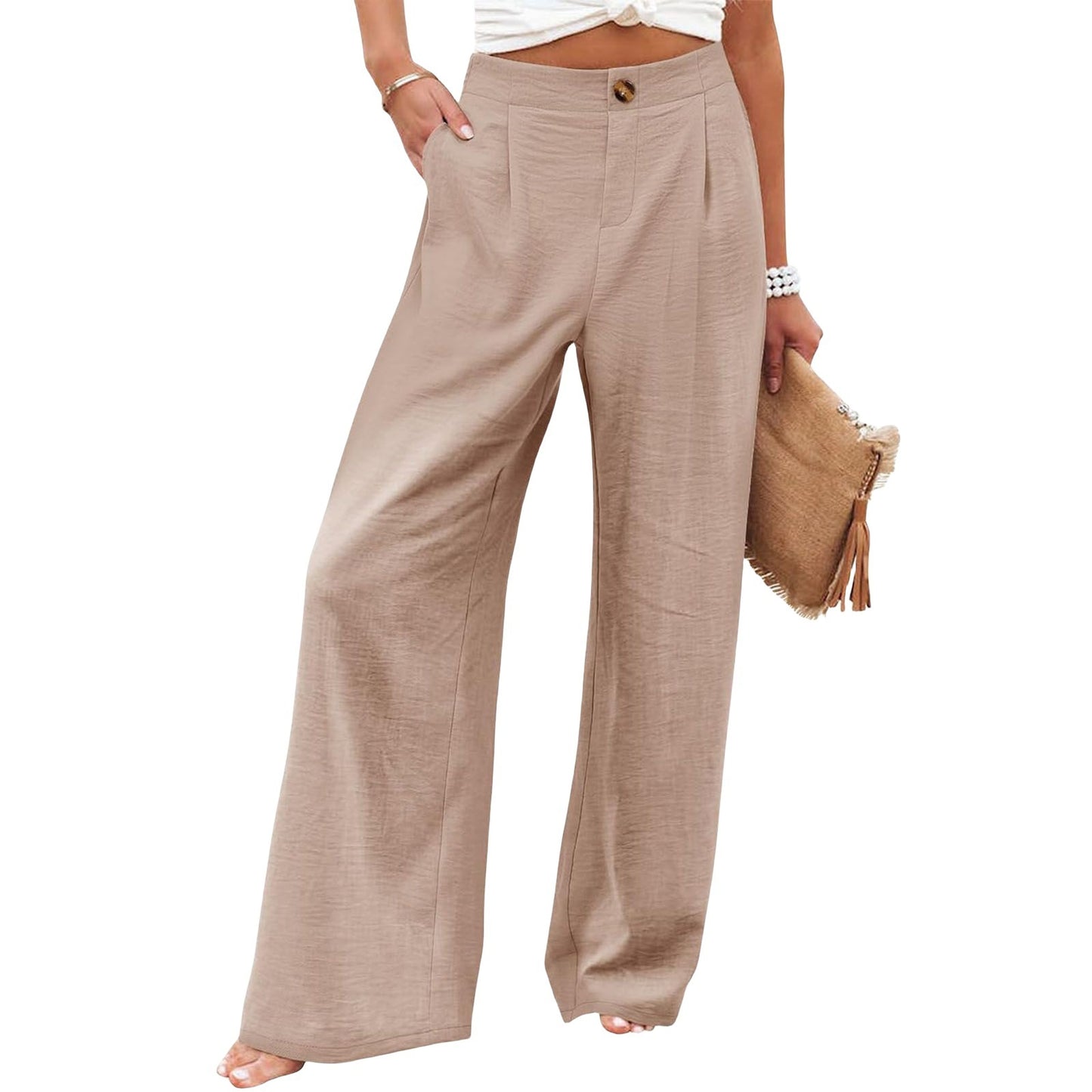 Women's Button Elastic Waist Wide Leg Trousers