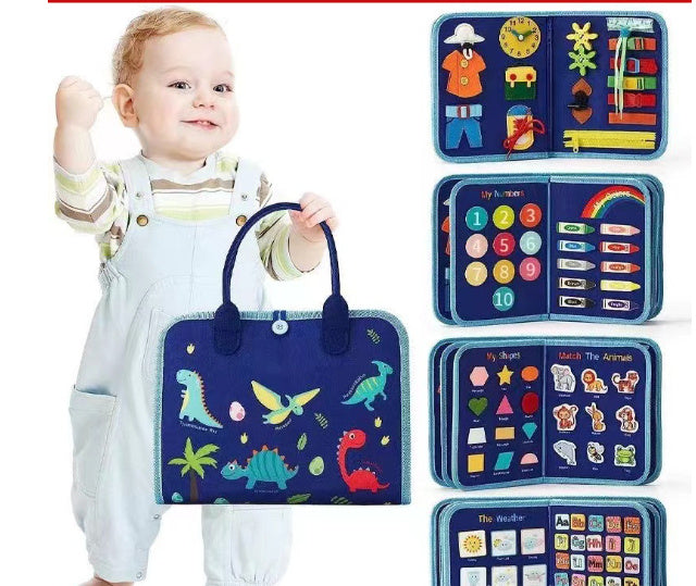 Child holding a blue educational bag with open books displaying various educational content.