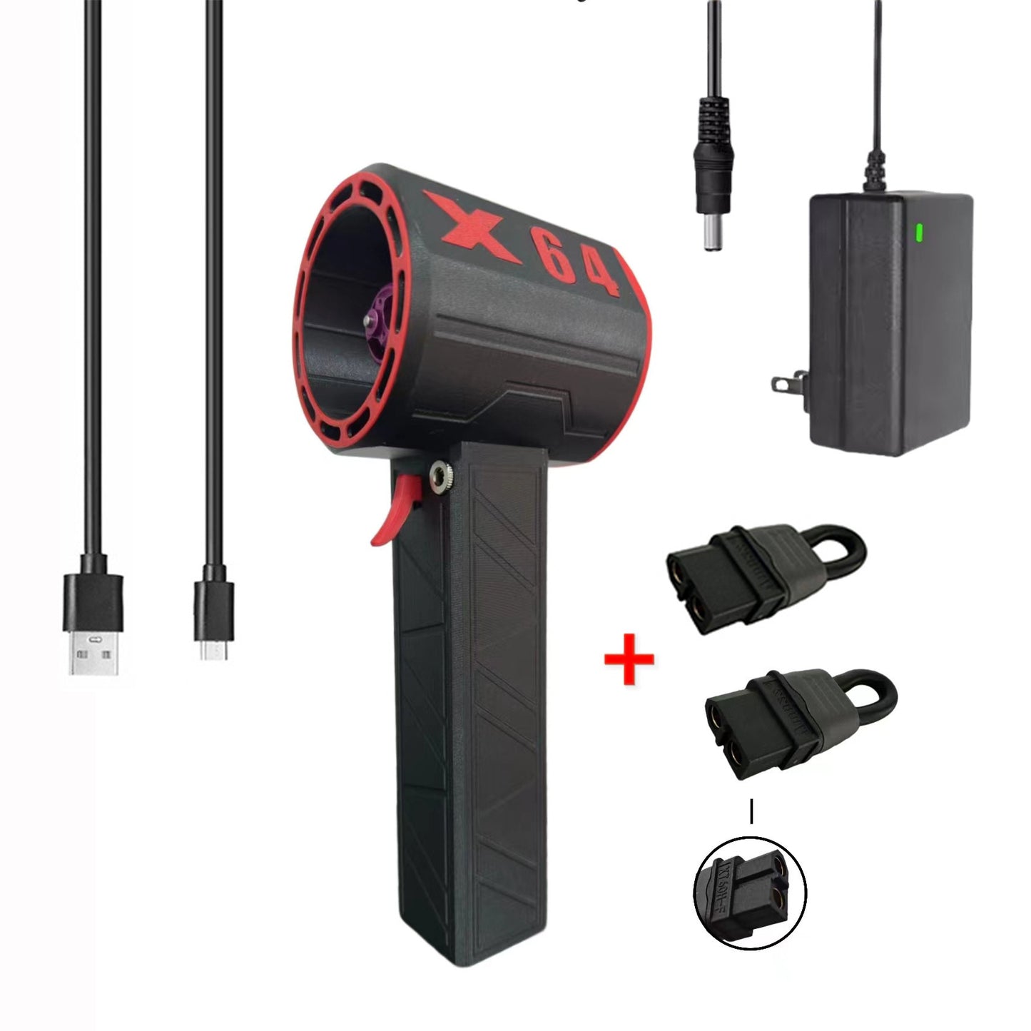 Black and red handheld device with cables and adapter on a white background