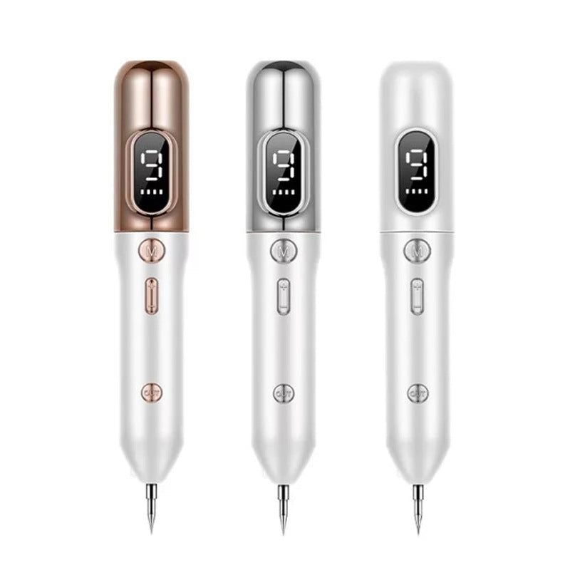 Three electronic pens with digital displays on a white background