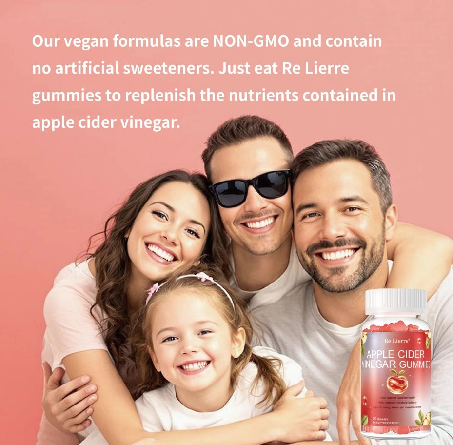 Apple cider vinegar gummies bottle beside a smiling family, vegan supplement package.