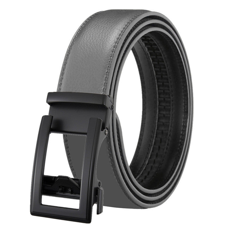 Men's Leather Belt Automatic Buckle Two-layer Cowhide Hollow with sleek black buckle and gray leather.