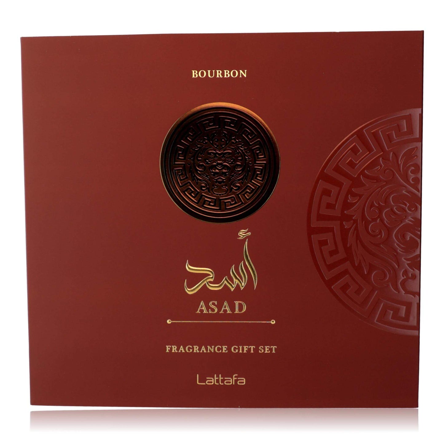 Asad Bourbon by Lattafa, 3 Piece Gift Set for Men packaging with elegant design.
