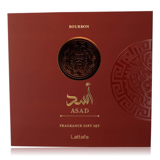 Asad Bourbon by Lattafa, 3 Piece Gift Set for Men packaging with elegant design.