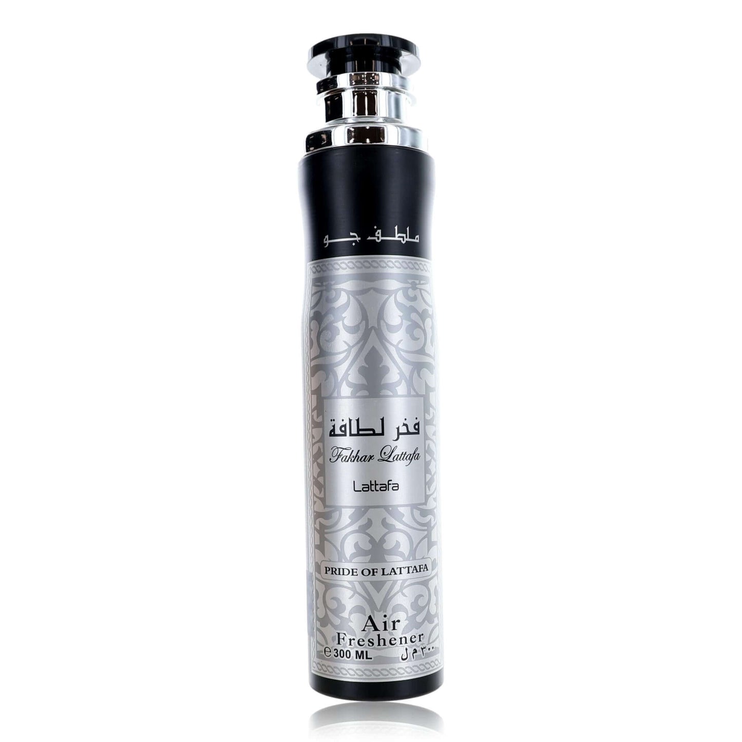 Men’s air freshener bottle, black cap, silver patterned label, 10 oz