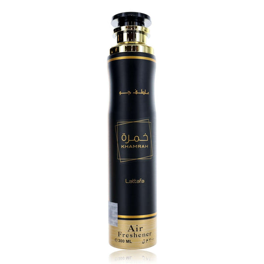 Lattafa Khamrah air freshener bottle, black with gold cap and label
