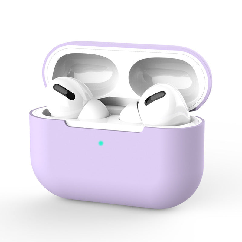 White wireless earbuds in a purple case on a white background