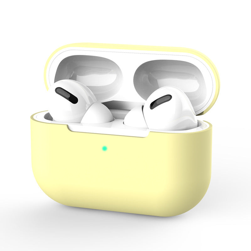 White wireless earbuds in a yellow case on a white background