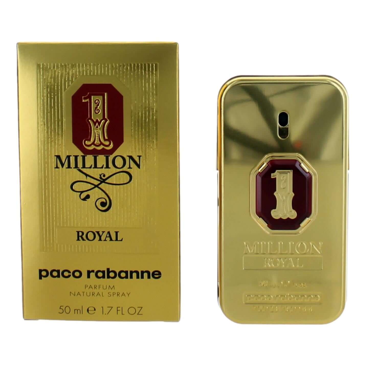 Royal men's perfume spray set: gold box and matching gold bottle with red label
