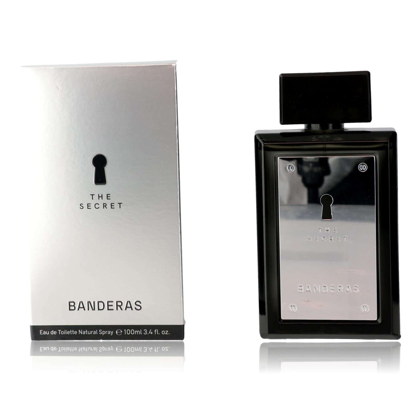 The Secret by Antonio Banderas, 3.4 oz EDT Spray for Men bottle and packaging displayed.