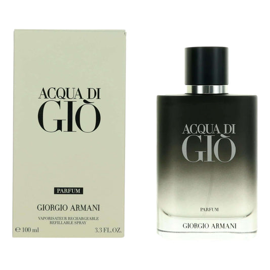 Acqua di Gio by Giorgio Armani, 3.3 oz Parfum Spray for Men packaging and bottle display.