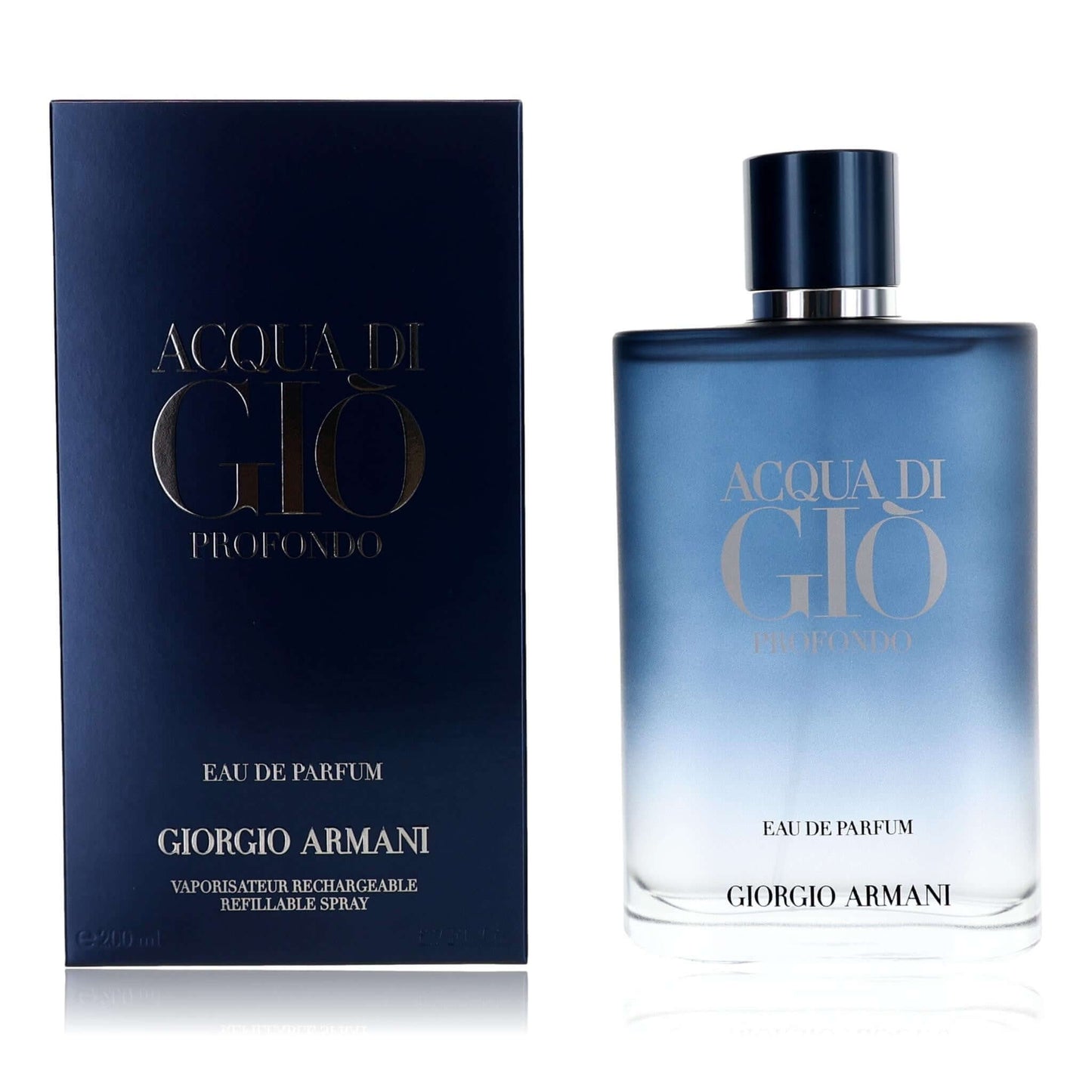 Men's eau de parfum spray bottle with dark navy box, blue glass bottle