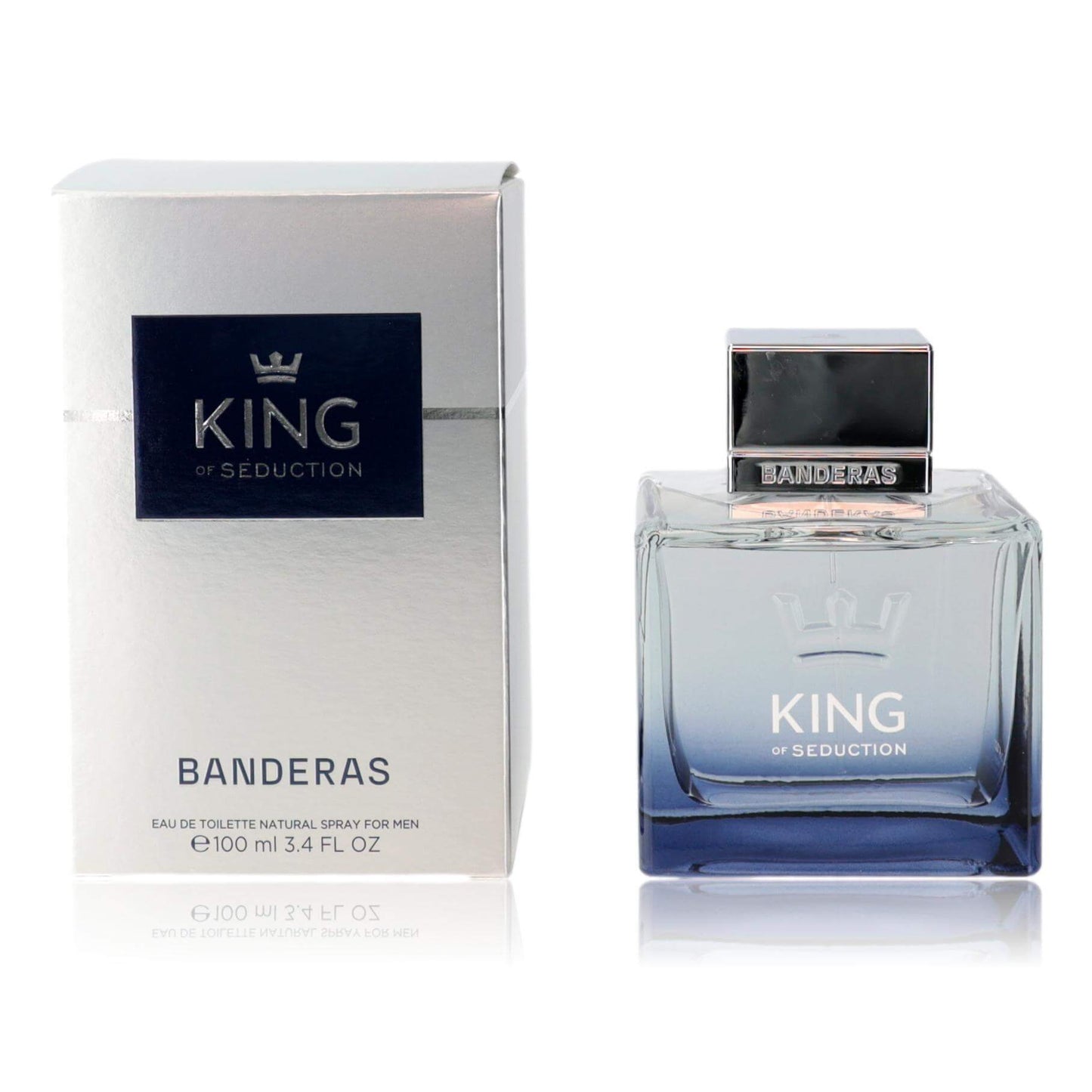 Men's eau de toilette spray with blue glass bottle and KING branding on box