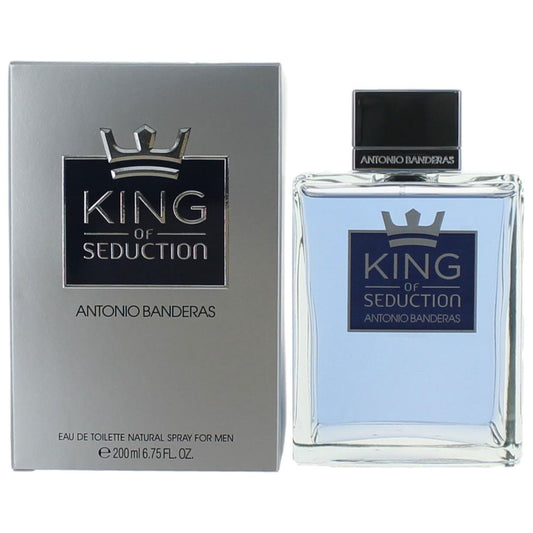 Men's King of Seduction EDT spray with clear glass bottle and black cap, boxed