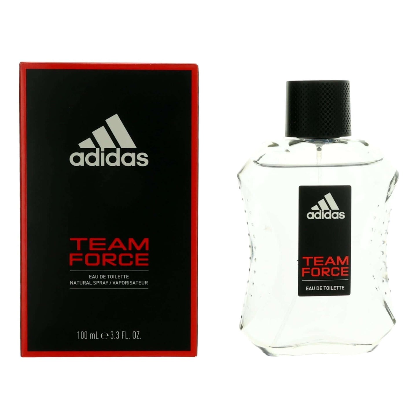 Adidas Team Force by Adidas, 3.4 oz EDT Spray for Men in a transparent bottle with red packaging.