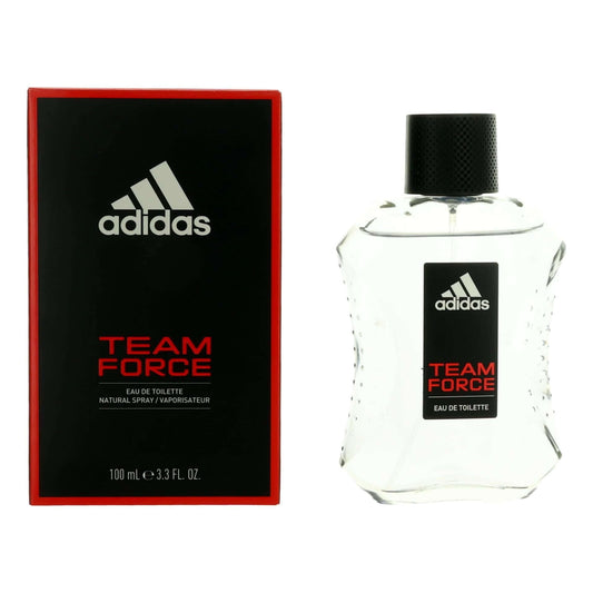 Adidas Team Force by Adidas, 3.4 oz EDT Spray for Men in a transparent bottle with red packaging.