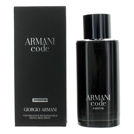 Armani Code men’s perfume spray bottle, black glass with silver cap, boxed.