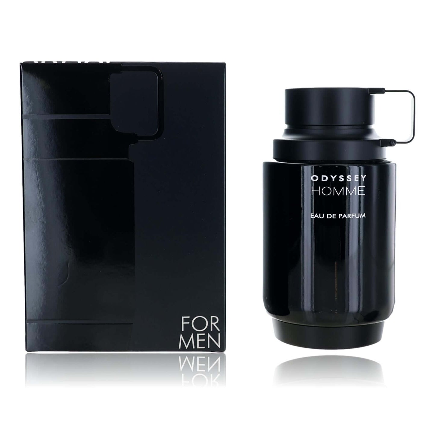 Odyssey Homme men’s EDP spray bottle with black cap and handle, shown with product box