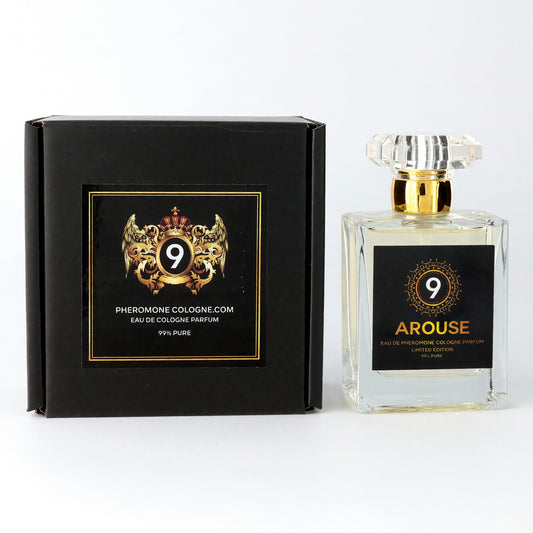 Men's pheromone cologne spray bottle with clear glass and gold cap, Arouse 9