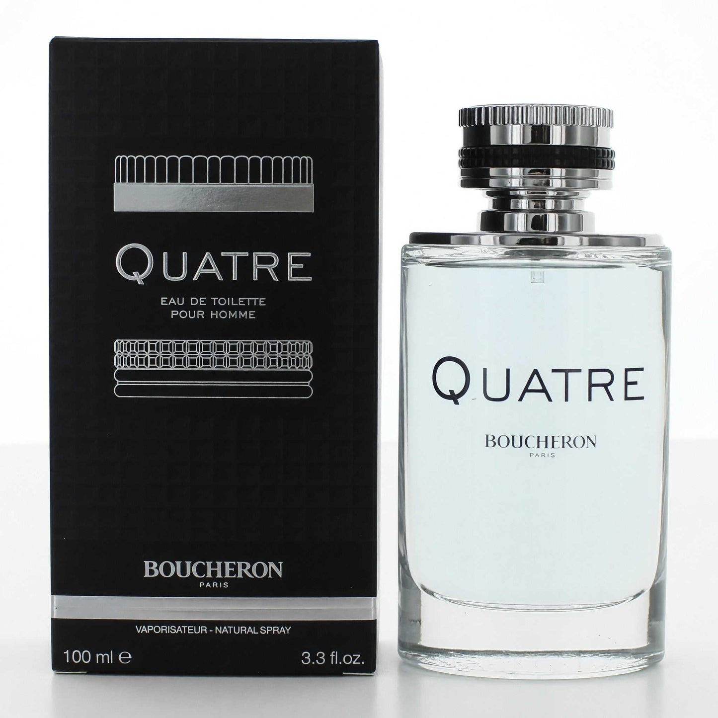 Men's Quatre by Boucheron EDT spray in clear glass bottle with silver ribbed cap