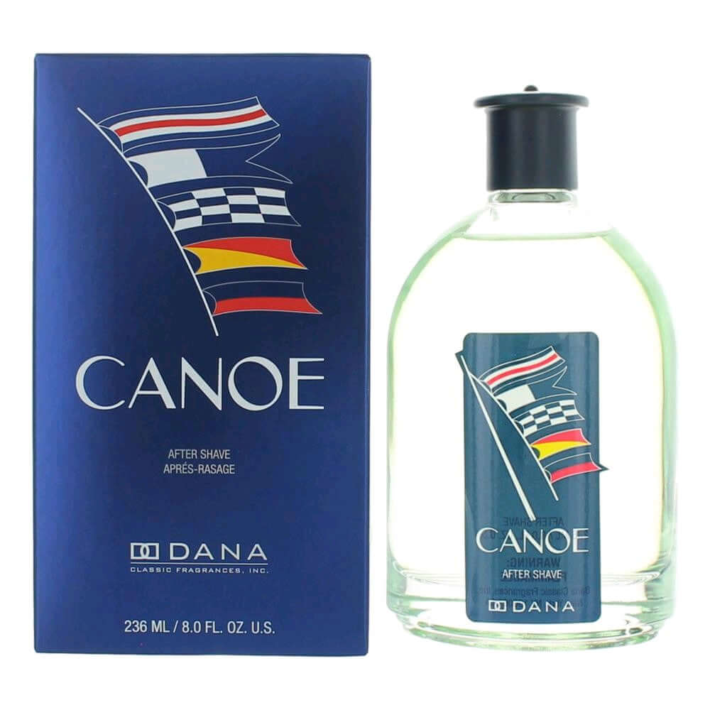 Canoe by Dana, 8 oz After Shave Splash for Men bottle and packaging featuring nautical design.