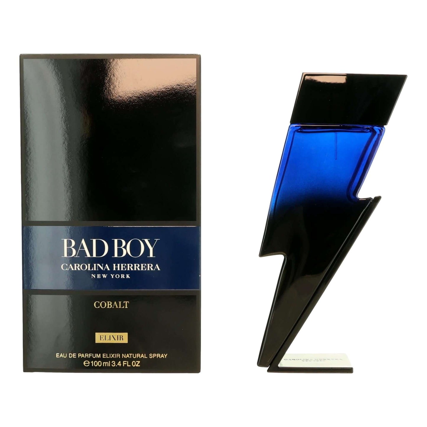 Bad Boy Cobalt Elixir by Carolina Herrera, 3.4oz EDP Elixir Spray men in a striking blue lightning bolt bottle.