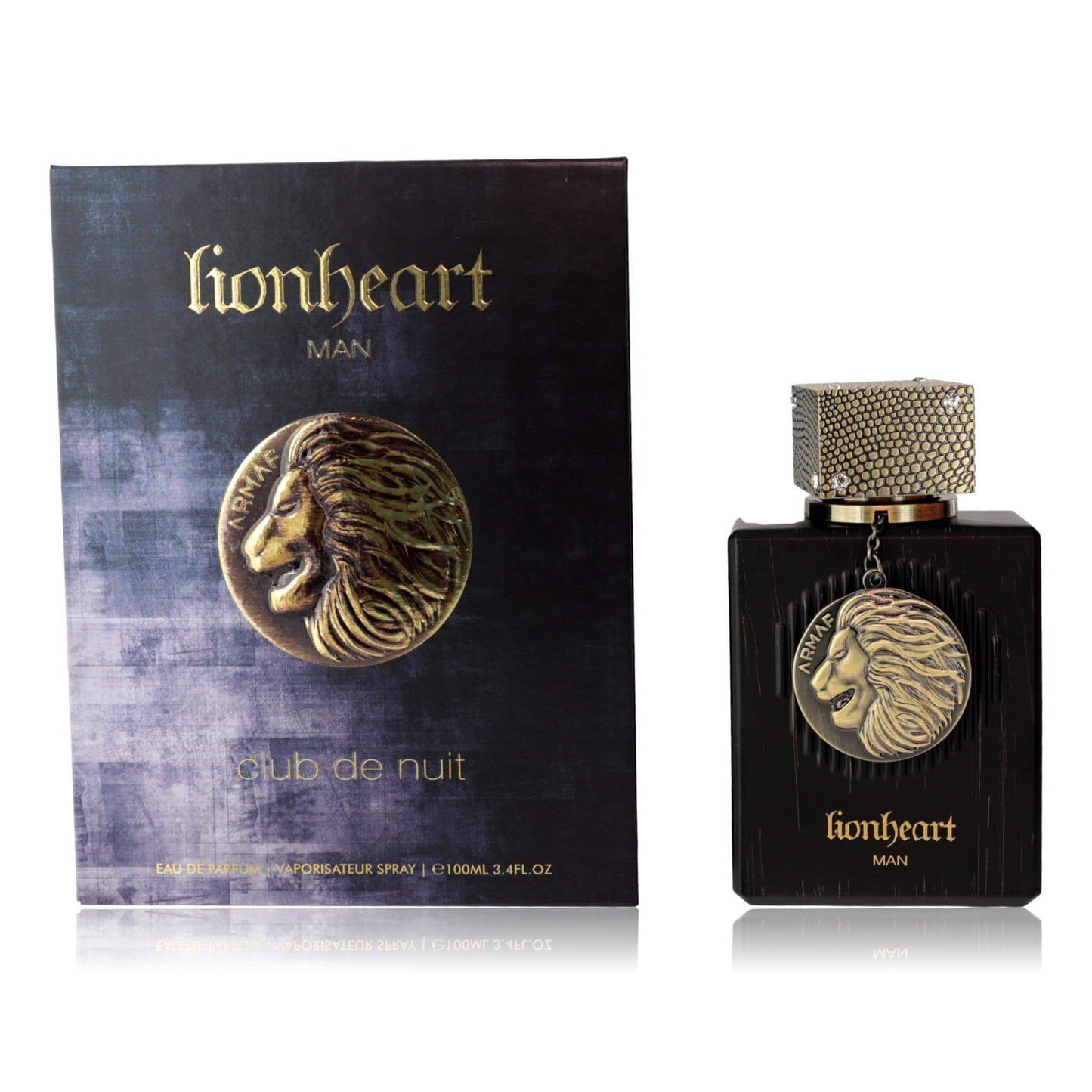 Club De Nuit Lionheart by Sterling, 3.4 oz EDP Spray for Men with packaging and bottle.