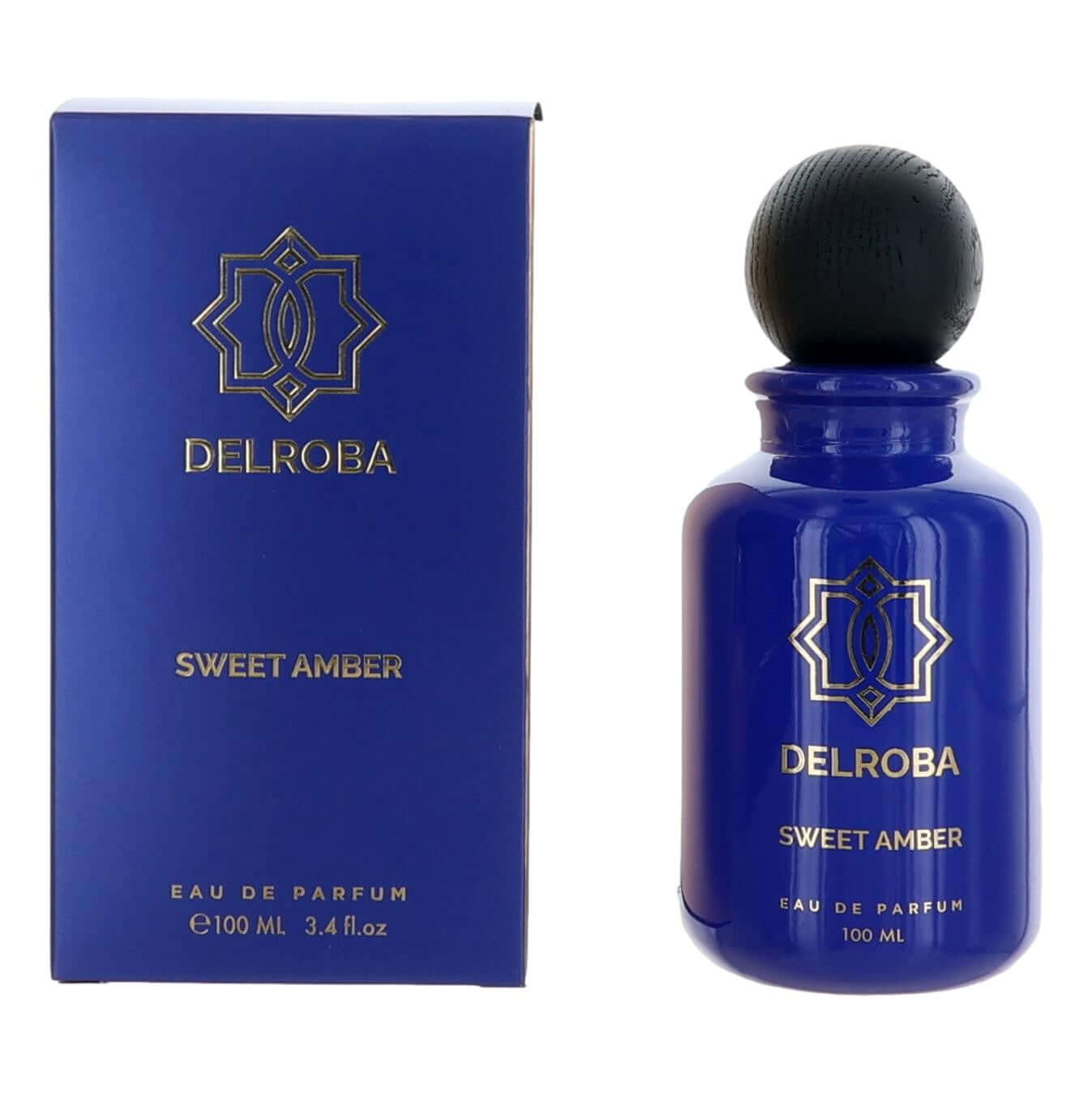 Delroba Sweet Amber by Delroba, 3.4 oz EDP Spray for Men in a blue bottle with a black cap and box.