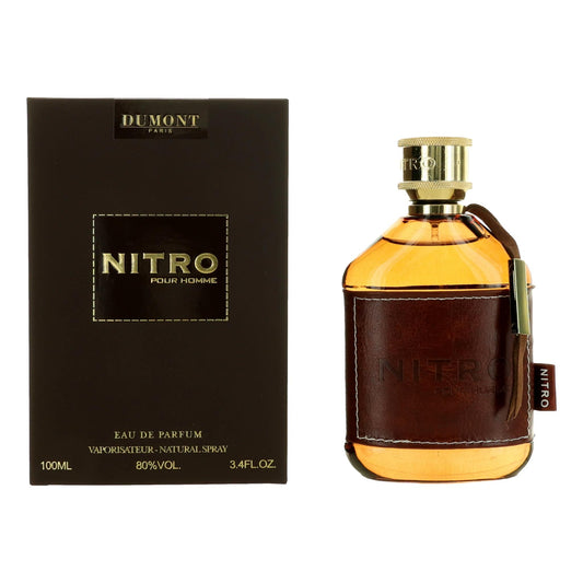 Men's Nitro Eau de Parfum spray bottle, amber glass with brown label and cap