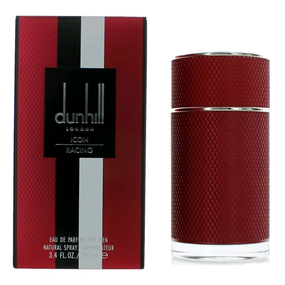 Dunhill Icon Racing red men's EDP spray bottle with silver cap and base