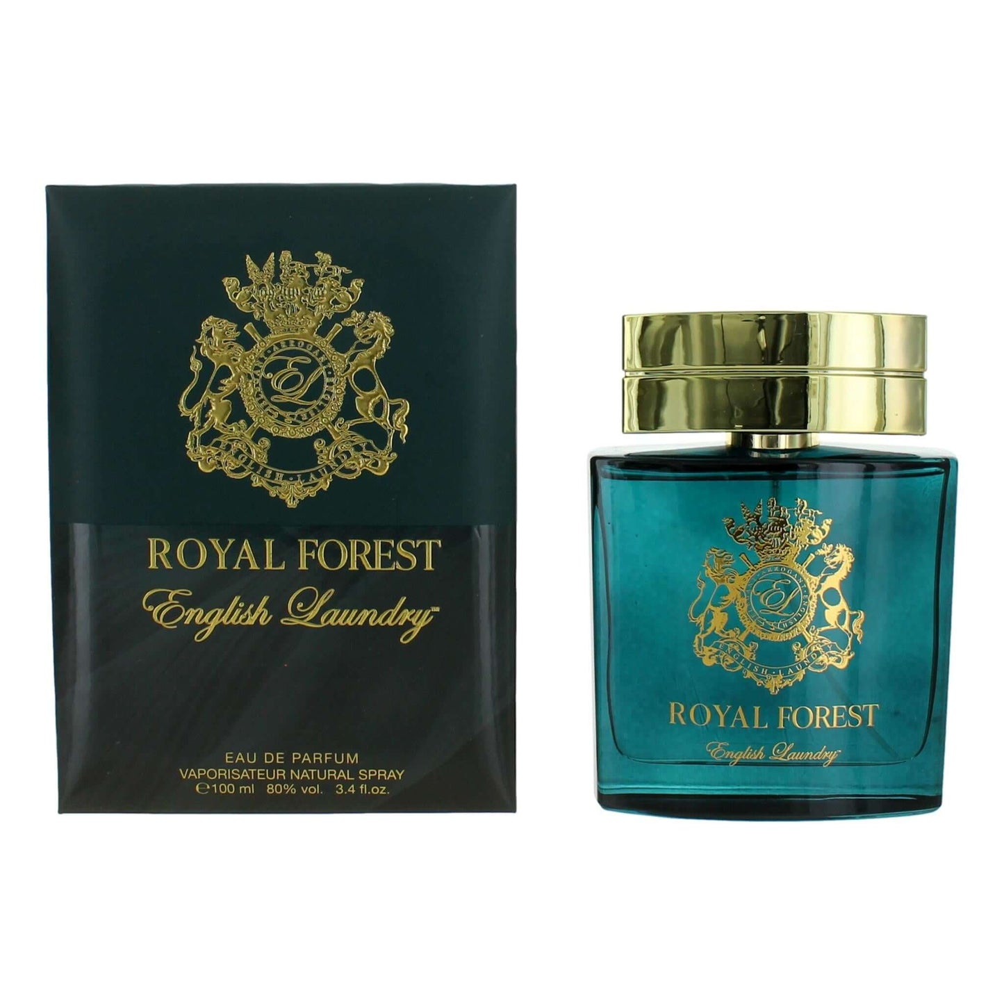 Men's eau de parfum spray bottle and box, dark teal glass with gold crest, gold cap.