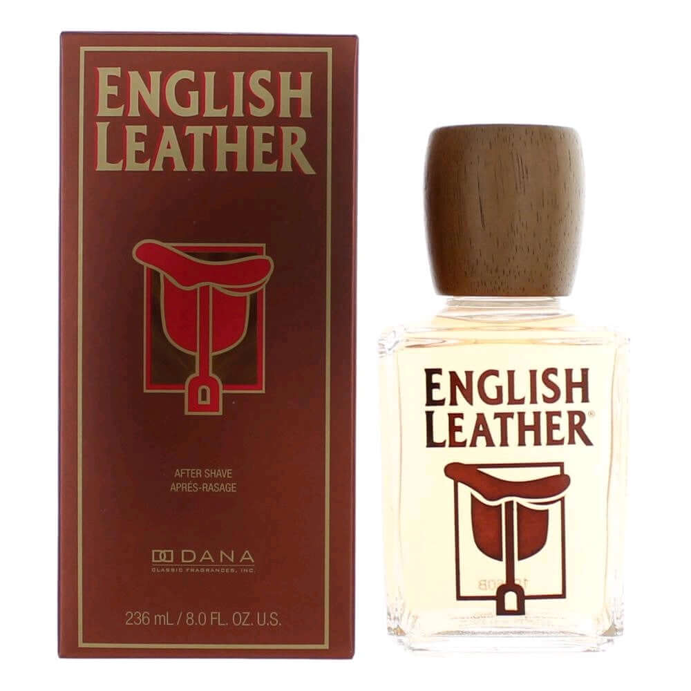 English Leather by Dana, 8 oz After Shave Splash for Men bottle and box packaging, masculine fragrance.