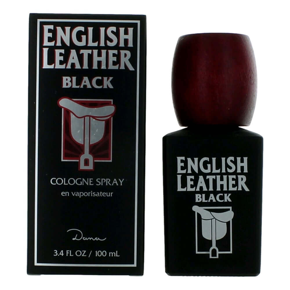 English Leather Black by Dana, 3.4 oz Cologne Spray for Men in a sleek black bottle with wooden cap and packaging.