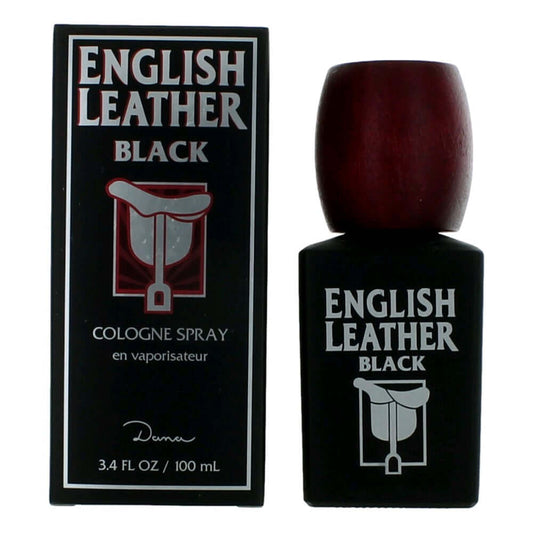 English Leather Black by Dana, 3.4 oz Cologne Spray for Men in a sleek black bottle with wooden cap and packaging.
