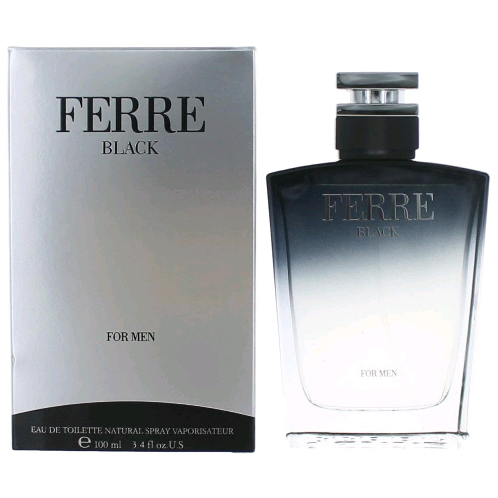 Men's black EDT spray bottle with cap and matching product box