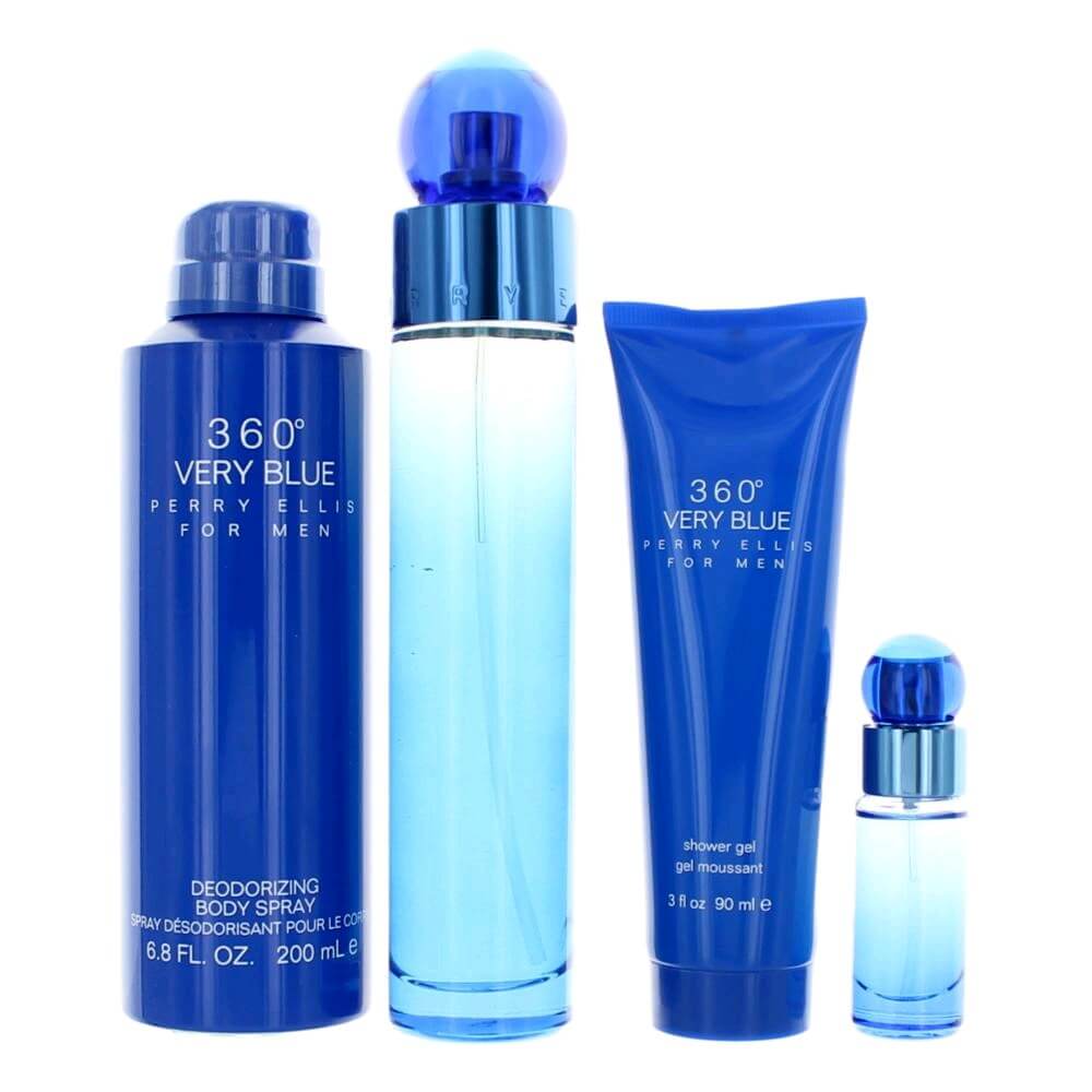 Perry Ellis 360 Very Blue by Perry Ellis, 4 Piece Gift Set for Men includes Eau De Toilette and Body Spray.