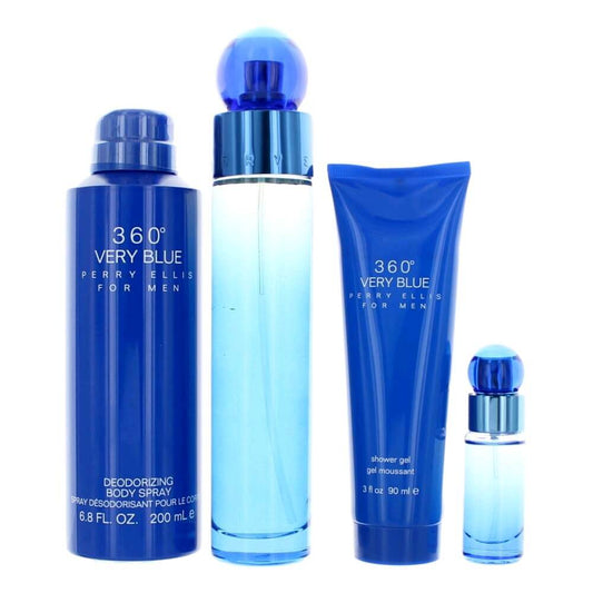 Perry Ellis 360 Very Blue by Perry Ellis, 4 Piece Gift Set for Men includes Eau De Toilette and Body Spray.